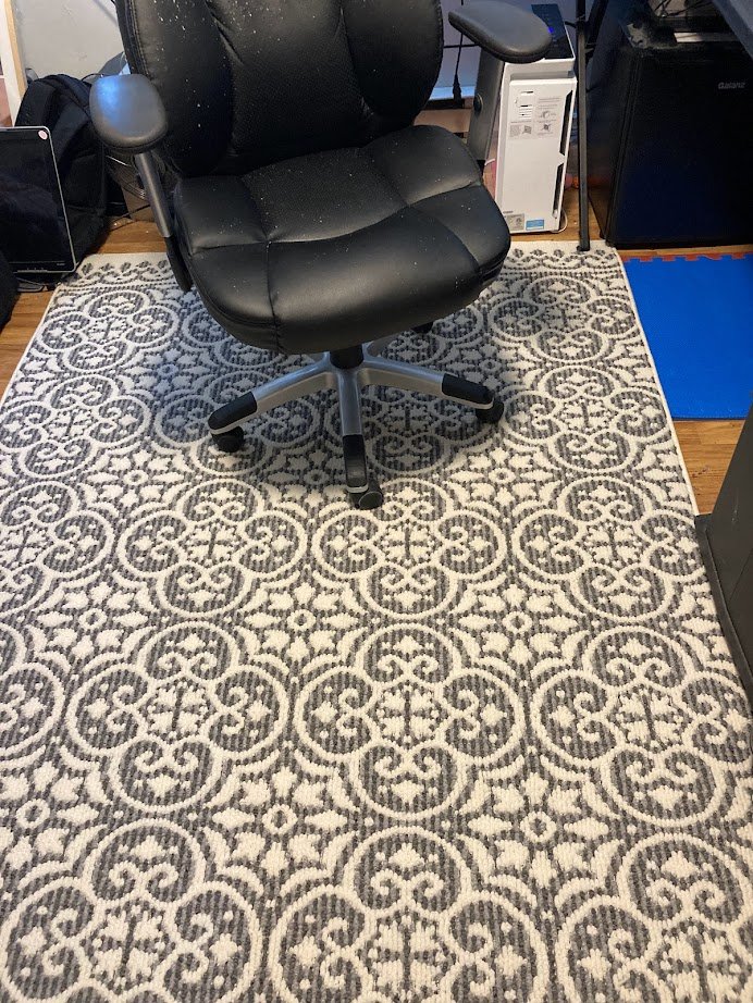 Put down tiled rubber floor mat, and then a rug on top, it softens but also insulates from the floor below. Happy feet time it feels no nice. Last touch might be some fake lawn tiles to squanch my feet with. 

#SensoryJoy #AuDHD