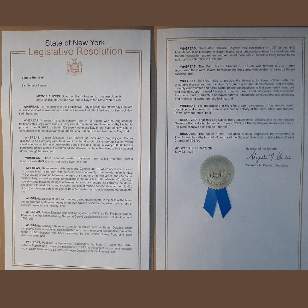BDSRA's tweet photo. We ❤️ NY! Thanks to BDSRA Board Treasurer Fred Surrey and NY State Senator @senatorlanza, a resolution was signed to declare June 9 as Batten Disease Awareness Day in New York! BDSRA expresses its gratitude to the Surrey family and Senator Lanza.

🔗 https://t.co/yHYWoEqKxn https://t.co/4YOzhPFD0F
