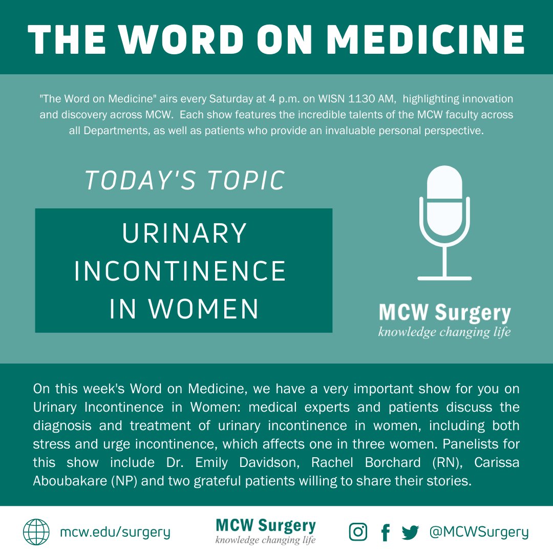 MCW Surgery (@mcwsurgery) on Twitter photo #TheWordonMedicine airs at 4PM on <a href="/newstalk1130/">News/Talk 1130 WISN</a> & discusses urinary #incontinence in women! #DYK that 1 in 3 women are affected?
Listen live: t.ly/UPWW
Find a provider: bit.ly/3qdNlzd
#LeadingTheWay <a href="/MedicalCollege/">Medical College of Wisconsin</a> <a href="/emilyrwd/">Emily Davidson, MD, FACOG</a> <a href="/caboubakarewhnp/">Carissa Aboubakare</a> <a href="/mcwobgyn/">mcwobgyn</a> #TheWordonMedicine airs at 4PM on <a href="/newstalk1130/">News/Talk 1130 WISN</a> & discusses urinary #incontinence in women! #DYK that 1 in 3 women are affected?
Listen live: t.ly/UPWW
Find a provider: bit.ly/3qdNlzd
#LeadingTheWay <a href="/MedicalCollege/">Medical College of Wisconsin</a> <a href="/emilyrwd/">Emily Davidson, MD, FACOG</a> <a href="/caboubakarewhnp/">Carissa Aboubakare</a> <a href="/mcwobgyn/">mcwobgyn</a>
