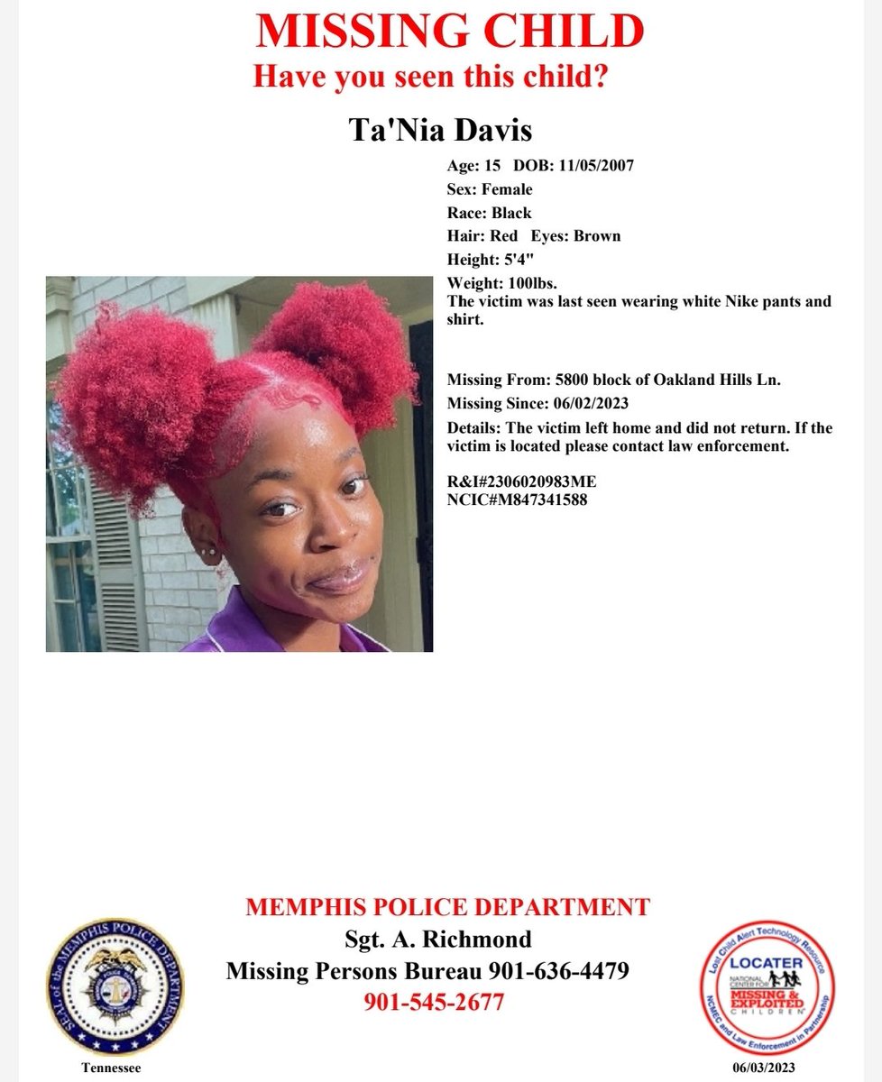 MEM_PoliceDept's tweet photo. Have you seen Ta'Nia Davis?
Report #2306020983ME https://t.co/HrgYjdGbuD