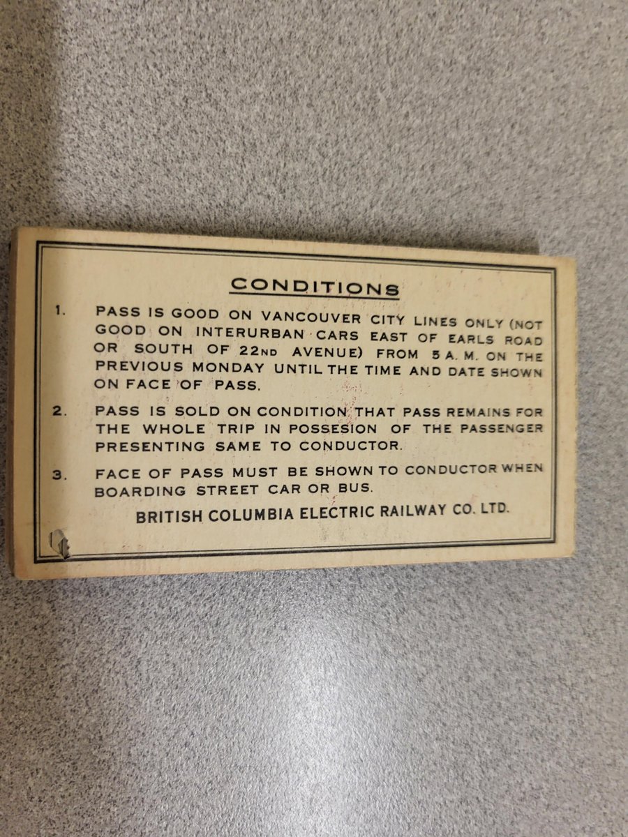 VanArchives's tweet photo. #VanArchives90th - Today's 90 to the 90th is the Cecil N. Akrigg collection, AM909. Consisting of 52 British Columbia Electric Railway Company weekly car and bus passes. Donated by Cecil Akrigg in 1986. Dates: 1941-1947
https://t.co/v9COgqfjWy
#bctransit #bcer #buspasses https://t.co/Gov30bbuUr