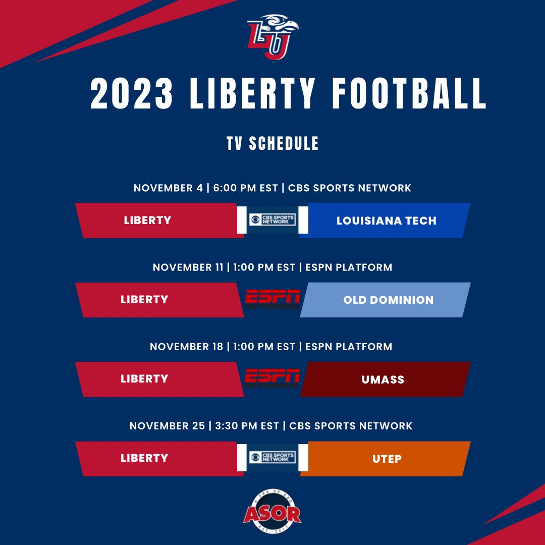 Game times and TV info were released earlier this week for Liberty’s 2023 season and inaugural campaign in CUSA. Which games are you looking forward to the most? 👀🍿 #Fanem🔥