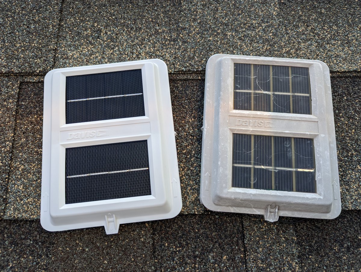 PlanoWX's tweet photo. Before and after: In addition to destroying our roof and 2 cars; our station was also damaged by the May 19th storm. Solar radiation shield  plates, SIM enclosure, and solar cover replaced. Scaled Instruments saves the day again. https://t.co/w3z4n9aGsn #dfwwx #txwx #Plano https://t.co/4ynXTHxKaP