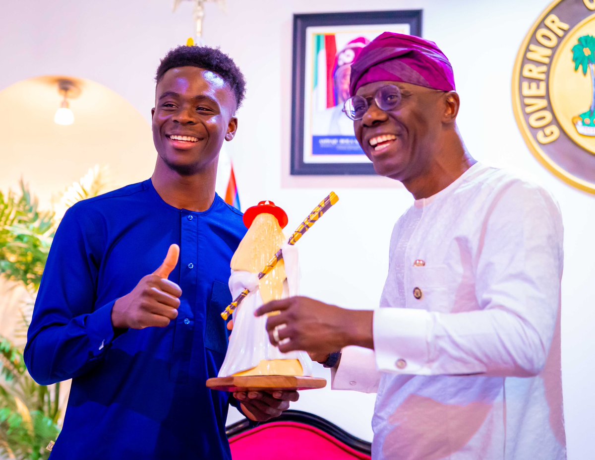 Governor of Lagos State, Mr <a href="/jidesanwoolu/">Babajide Sanwo-Olu</a> today received <a href="/Arsenal/">Arsenal</a> Star <a href="/BukayoSaka87/">Bukayo Saka</a>, on a Courtesy Visit today at the Lagos House, Marina. 

#GreaterLagosRising