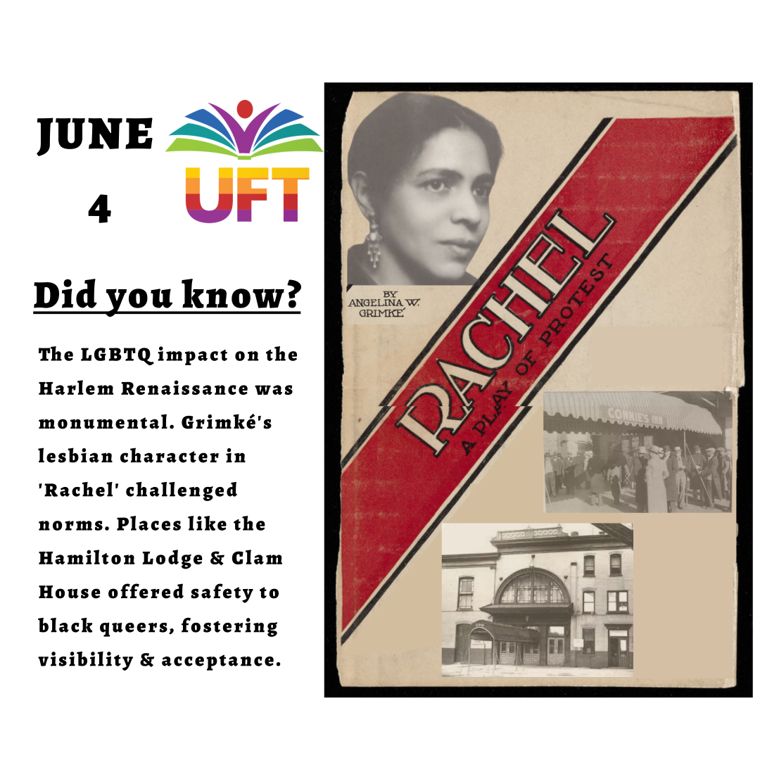 PrideUft's tweet photo. The LGBTQ community had a monumental impact in shaping the influence of the #HarlemRenaissance. Grimké's 'Rachel' defied norms with a lesbian character, a milestone in American theater. Hamilton Lodge &amp; Clam House offered safety to black queers, fostering visibility &amp; acceptance. https://t.co/dkNiN38Wwx