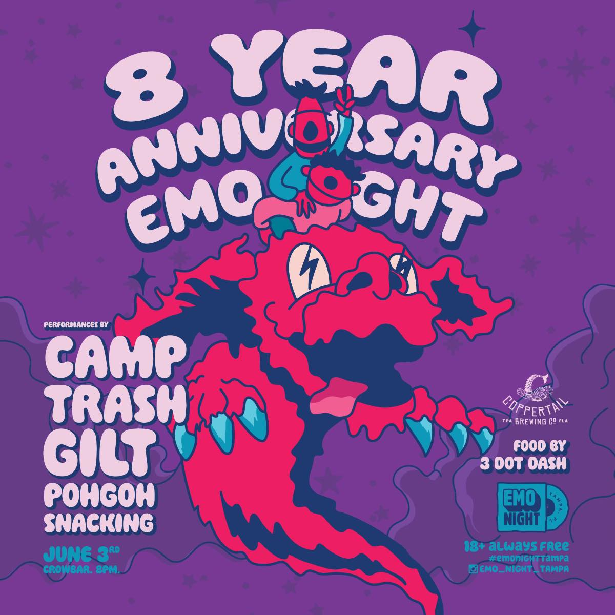 2NITE! This FREE rager at @CROWBARLIVE  celebrating 8 years of @Emo_Night_Tampa !!! What a lineup.... w/ @camp_trash @giltfl @snackingfl !!!! So stoked! #emonight #emonighttampa @spartanrecords @cylsrecords