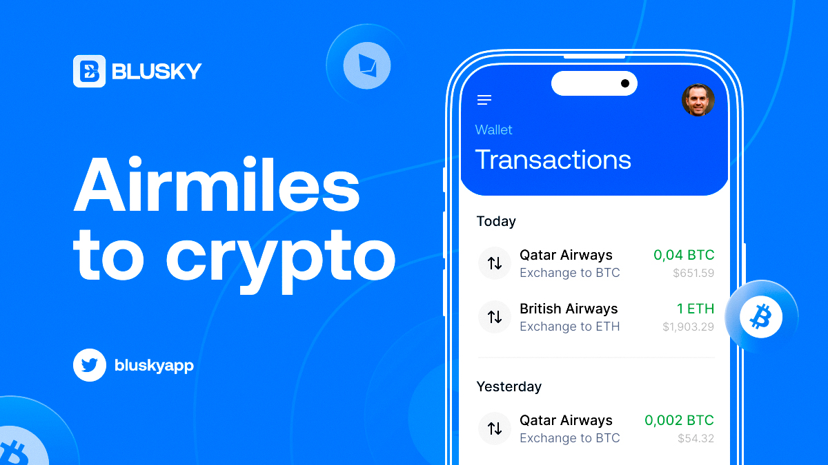 westufo_eth's tweet photo. @elonmusk @imPenny2x MASSIVE NEW PROJECT: @bluskyapp - exchange airmiles (frequent flyer miles) to crypto! All major airlines to be added by end of summer! Project to launch THIS MONTH! Follow @bluskyapp &amp; engage with their posts! https://t.co/PbR4e3XHnS