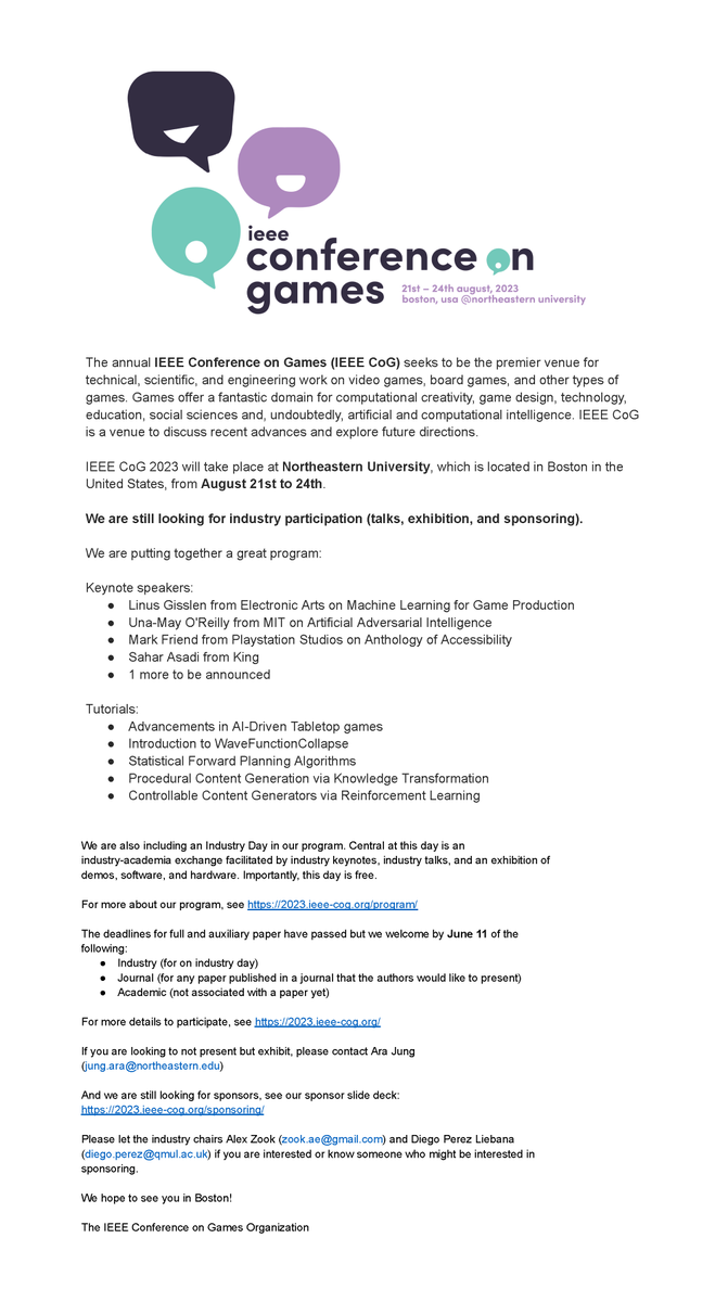 arajung94's tweet photo. IEEE Conference on Games 2023 is opening up industry participation (talks, exhibition, and sponsoring) by June 11th!  For more details to participate, see https://t.co/pGUVgDe51K for more info😄 https://t.co/UjN7lXitmQ