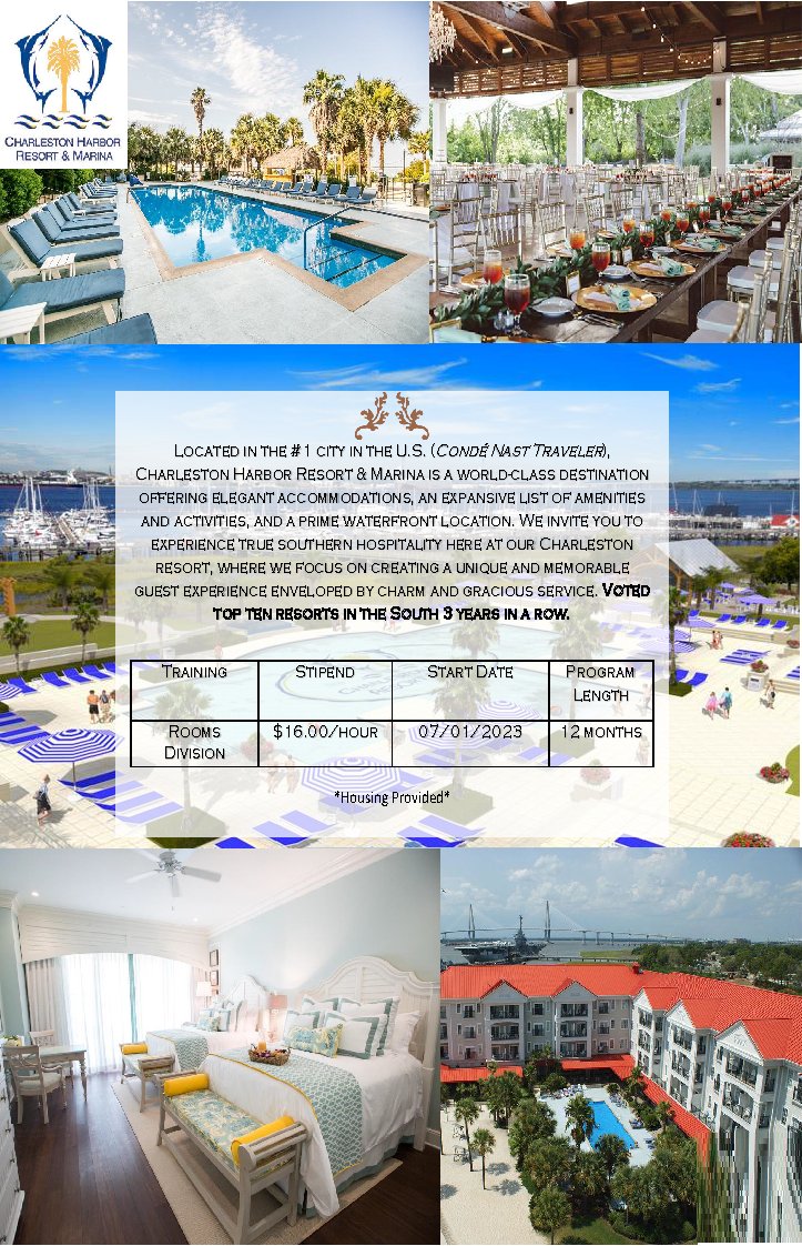 Hello Hoteliers,

Upscale Charleston Harbor Resort and Marina, South Carolina is looking for Rooms Division trainees.

To apply please forward your updated resume to talents@j1training.org or fill up an application form online at lnkd.in/d8bvvVD.