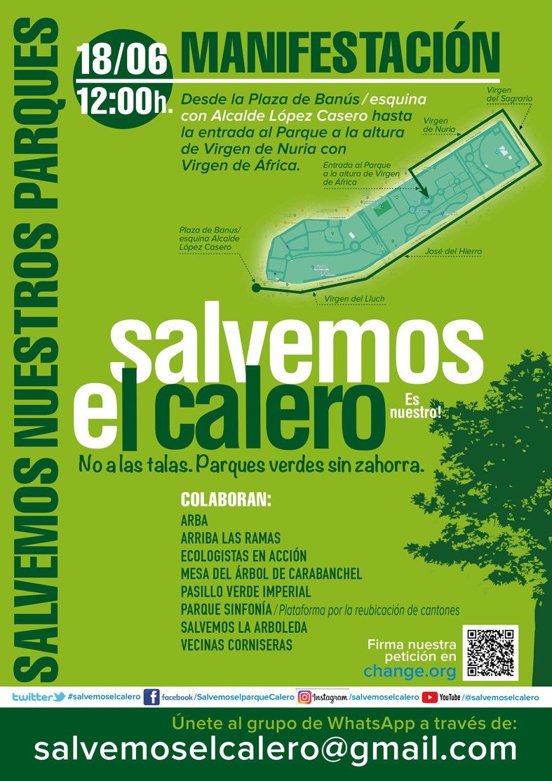 Vecinito, paseante, amiga, suegro, frutera, concejal, alcalde... ¡Acudid! 18 de junio. No hay excusa. El niño no ha terminado el colegio y la abuela aún no va con el IMSERSO.
#salvemosnuestrosparques
#salvemoselcalero
<a href="/ArbolMesa/">🌳Mesa del Arbol de Carabanchel</a> <a href="/eltransito/">Luis de la Cruz</a> <a href="/EeAComMadrid/">Ecologistas en Acción Comunidad de Madrid</a>
<a href="/DOMINGUEZLM/">Luis Miguel Domínguez</a> <a href="/RosaTristan/">Rosa M. Tristán</a>