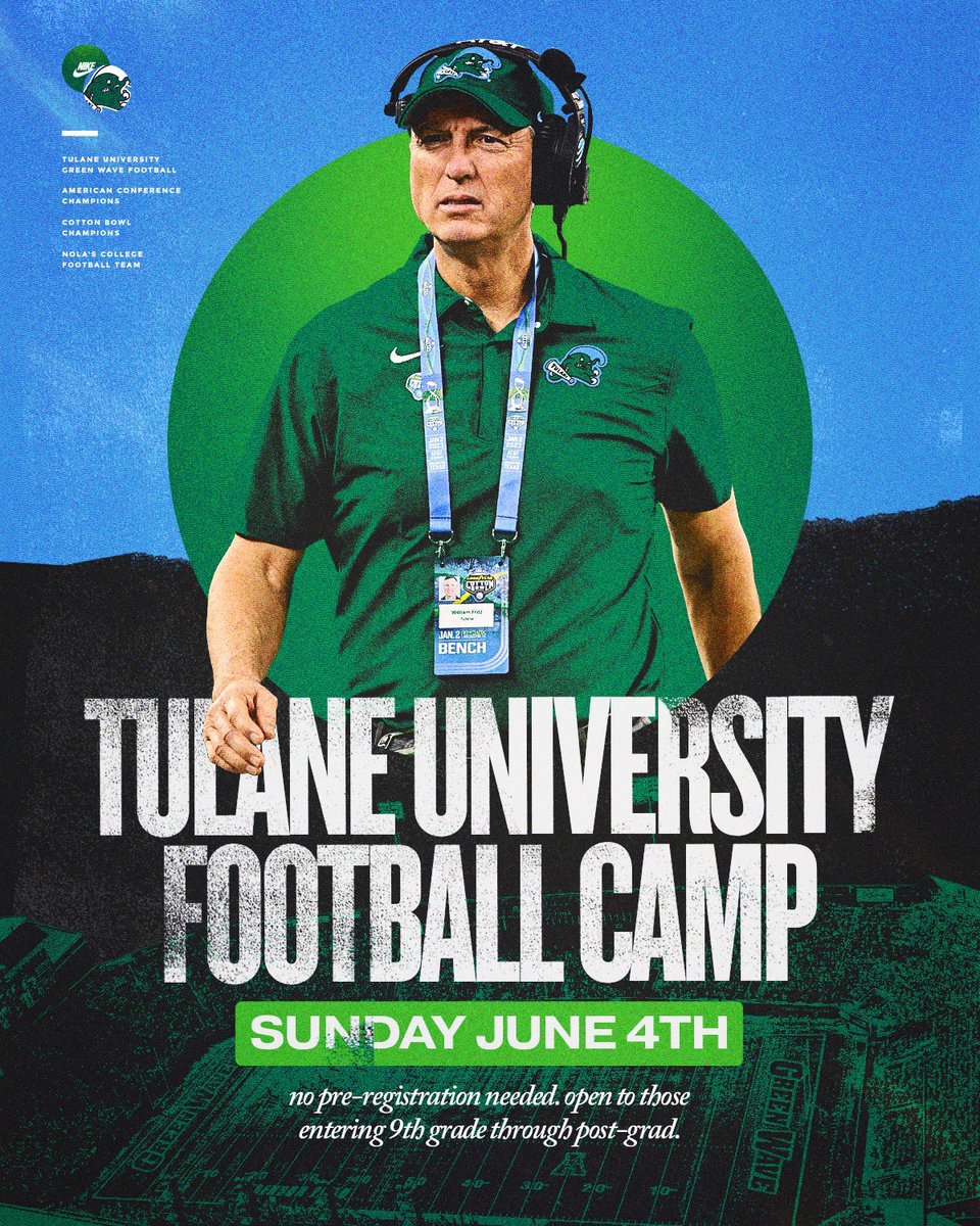 I will be at Tulane June 4th!!🌊<a href="/wesley_fritz/">Wes Fritz</a> <a href="/j_mitch38/">Jamar Mitchell</a> <a href="/CoachWEFritz/">Coach Willie Fritz</a> <a href="/Coach_Nagle/">Slade Nagle</a> <a href="/samspiegs/">Sam Spiegelman</a> <a href="/RecruitLouisian/">Recruit Louisiana™️</a>