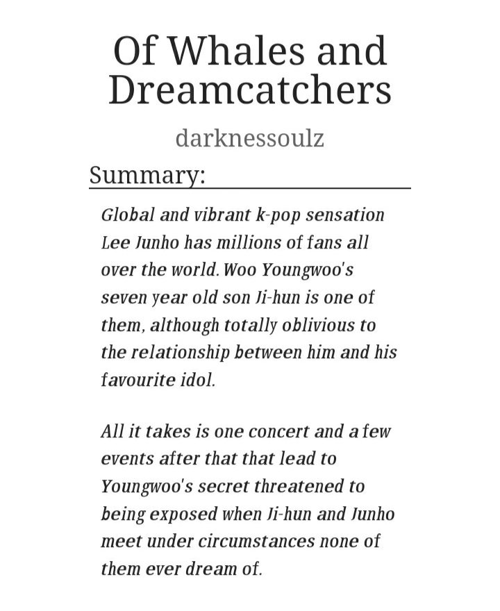 Of Whales and Dreamcatchers ༊*·˚

• pairing : lee junho/woo youngwoo, choi suyeon/dong geurami

• addn tags : idol!junho, angst, fluff, exes to lovers

read now on ao3
archiveofourown.org/works/47625325…