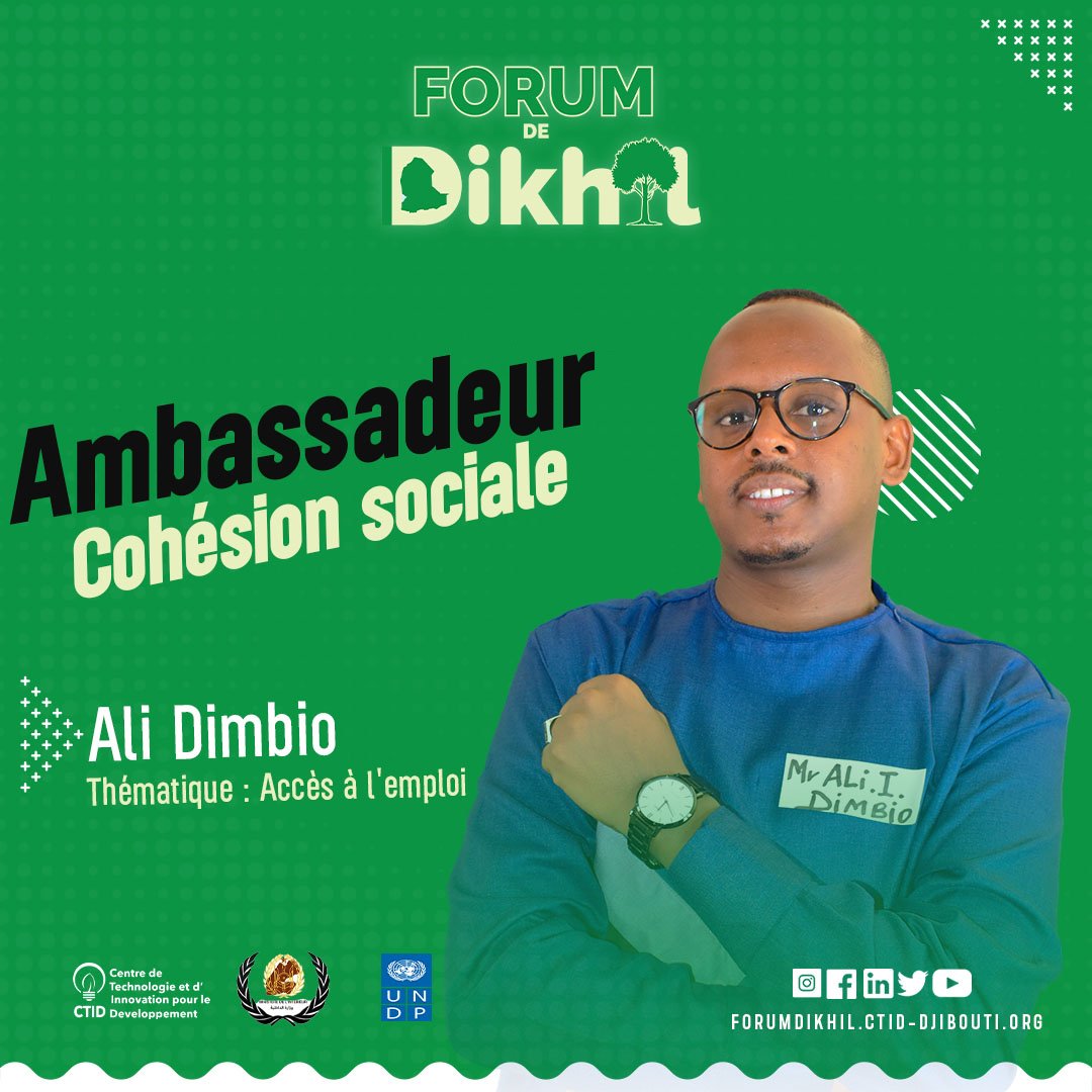 ForumDeDikhil's tweet image. 📢[𝗔𝗺𝗯𝗮𝘀𝘀𝗮𝗱𝗲𝘂𝗿𝘀 𝗱𝗲 𝗹𝗮 𝗖𝗼𝗵é𝘀𝗶𝗼𝗻 𝗦𝗼𝗰𝗶𝗮𝗹𝗲]

#𝟮 :𝗔𝗹𝗶 𝗜.𝗗𝗶𝗺𝗯𝗶𝗼

Cadre dans une ONG internationale, il œuvre en faveur du renforcement des capacités des jeunes et femmes sur le plan de l&apos;employabilité et l&apos;entrepreneuriat 

#Djibouti #FDD2023