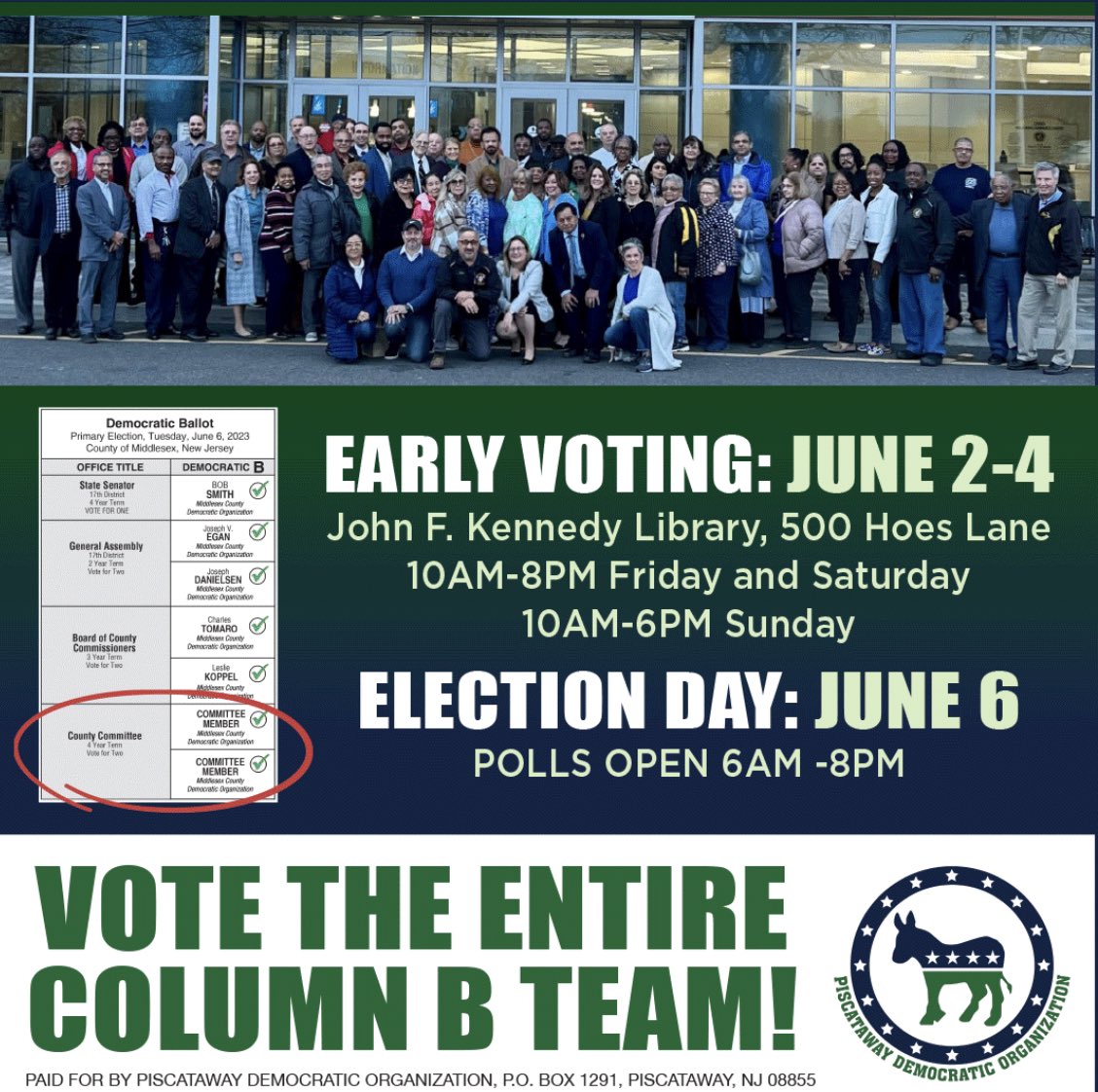 PiscatawayDems's tweet photo. Early voting is happening right now! Head on over to JFK Library to vote in person! #Piscataway #pway #vote #voteearly https://t.co/lGOJRqcBMJ