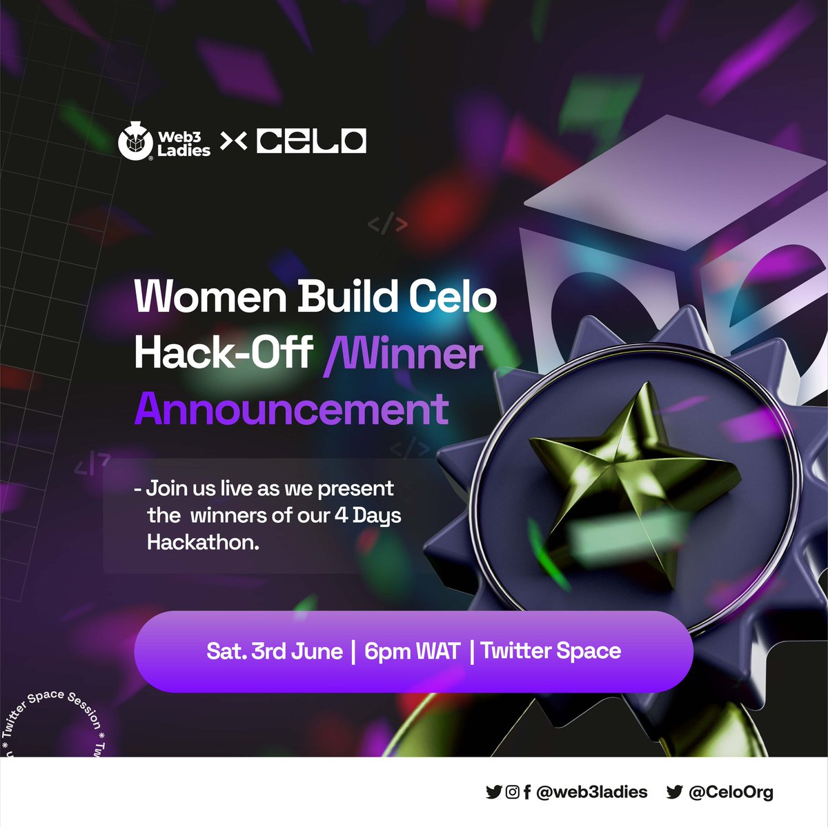 koderHolic's tweet photo. Discover the groundbreaking projects and talented participants who pushed the boundaries of possibility during the Women Build Celo Hackathon by @web3ladies in partnership with @CeloDevs

Join me here 👇 at 6 pm to celebrate these innovative ladies in the Web3 ecosystem! 🚀 https://t.co/a9rXhtJ7pj