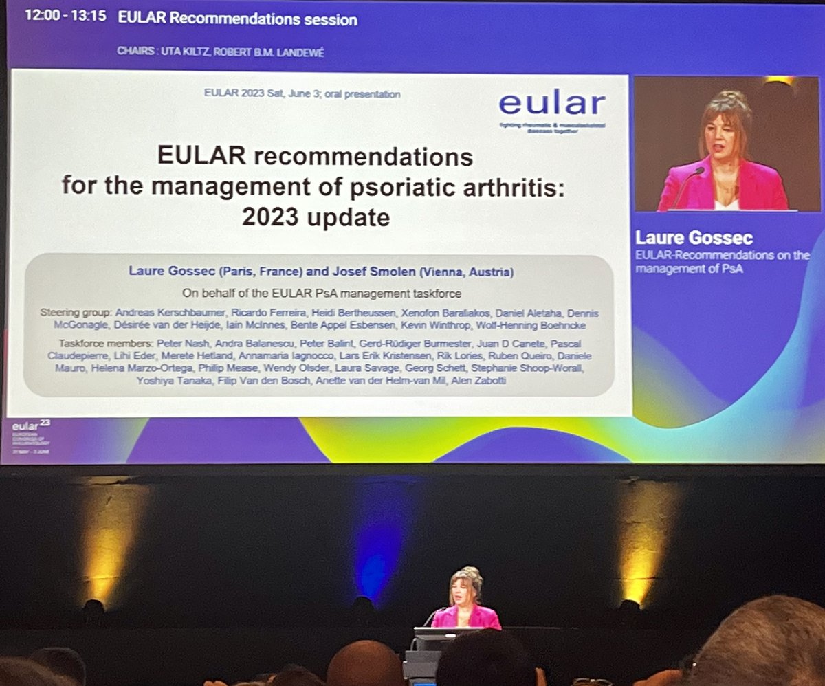 2023 PsA Recommendations 

🔹Focus on safety
🔹Systemic GC removed
🔹NSAIDS limited place as monotherapy
🔹1. cs-DMARDS: MTX LEF SSZ
🔹2. b-DMARDs in no particular order
🔹3. JAKi
🔹4. Apremilast for mild cases
🔹Use EMMs to guide treatment

Pr Laure Gossec @LGossec
#EULAR2023
NZ