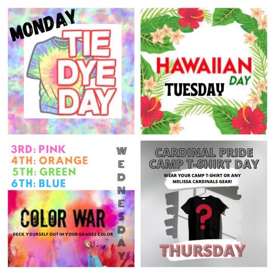 MelissaCardsVB's tweet photo. Theme Days for Camp this year!

Monday- Tie Dye
Tuesday- Hawaiian🌺
Wednesday- Color War (7th-9th see the other picture for your colors!)🩷🧡💚💙💜
Thursday- Cardinal Pride Camp Shirt (which you will get next week!)

See you all Monday! https://t.co/FnF4TDdAwX