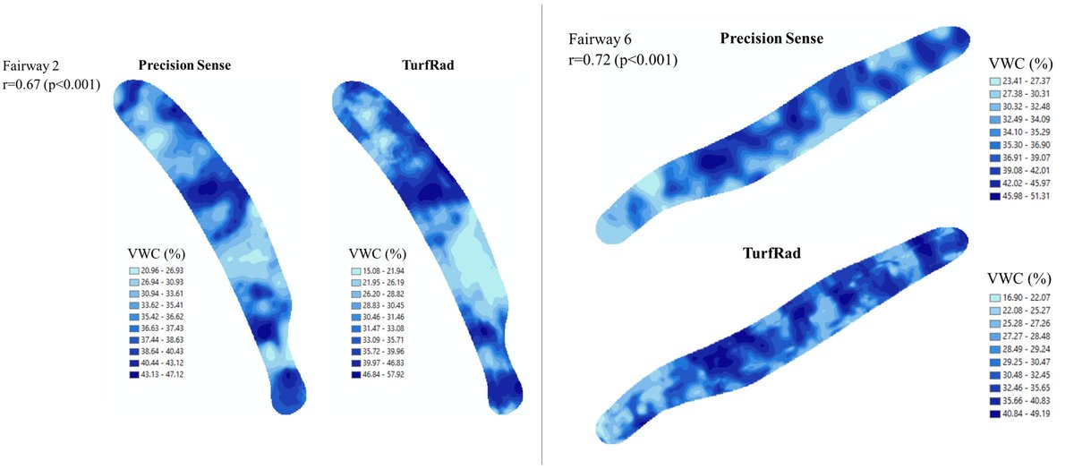 StrawTurf's tweet photo. Mower-mounted, remotely sensed soil moisture mapping tech shows promise in early comparisons to Precision Sense (capacitance sensor). Could be a game-changer for fairway precision irrigation by eliminating time and labor barriers in data collection for superintendents. https://t.co/sJKq18HvHG
