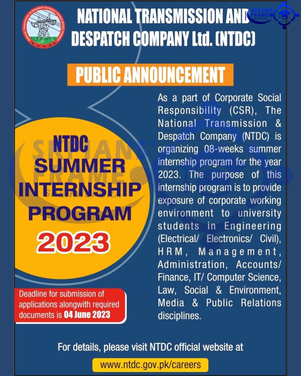 SkpiansFrame's tweet photo. π NTDC Summer Intership Program 2023 Announcement π
β³ The clock is ticking! The last date to submit your application
For internships: 04june,2023
π Apply Now: https://t.co/8B6FxsXGV0
#skpiansframe #InternshipOpportunity #InternshipProgram #sheikhpura https://t.co/pUDLe3HLPY