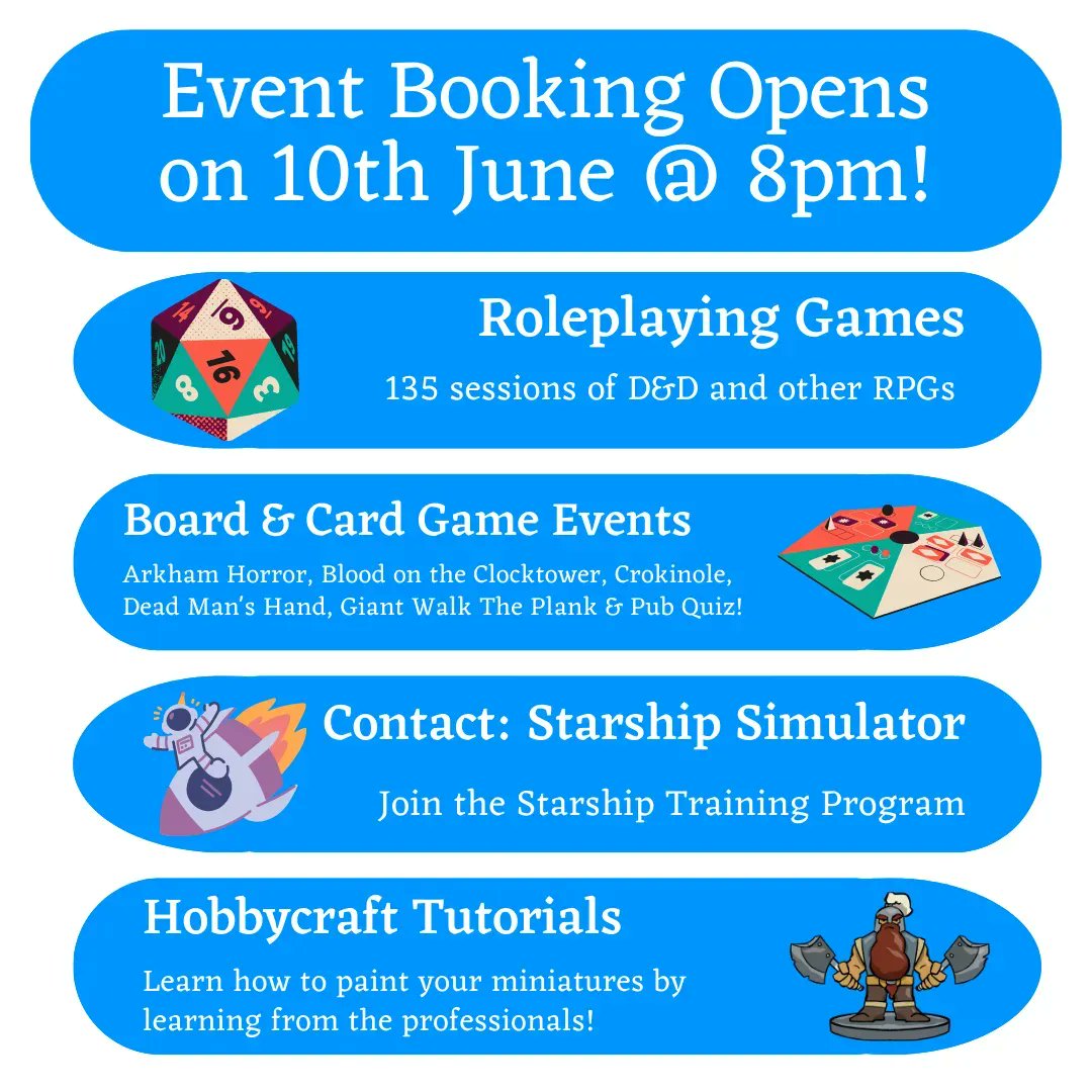 Event booking opens in one week!
You need a convention ticket: tabletopscotland.co.uk/shop/ 
We have a lot of events planned: tabletopscotland.co.uk/events/ 
Get ready to book!
#TTS2023 #TTRPGs #RPGs #DnD5e #Pathfinder #RPGLifeUK #BoardGames #FamilyGames #TabletopFamily #TabletopGames