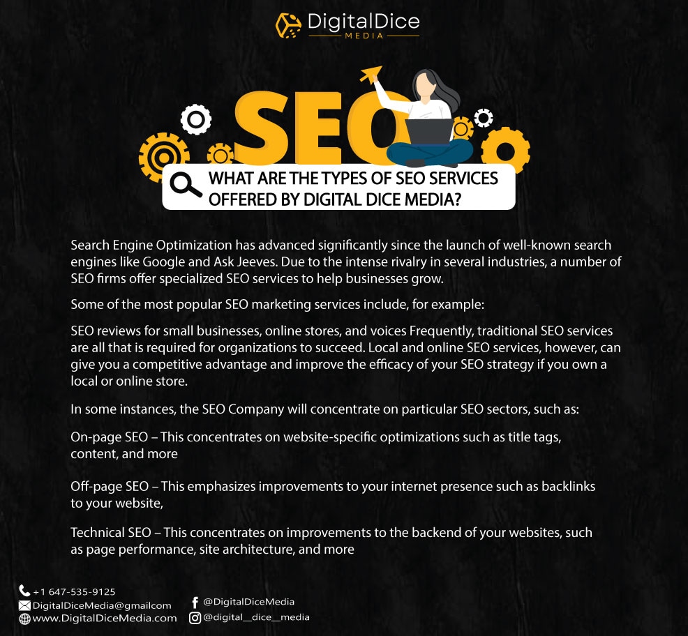 Digital Dice Media provides a wide range of SEO services, including on-page optimization, keyword research, link building, content creation, and website analysis. Enhance your online presence with us!

#seo #searchengineoptimization #seoservices   #onpage  #offpage
 #technicalseo