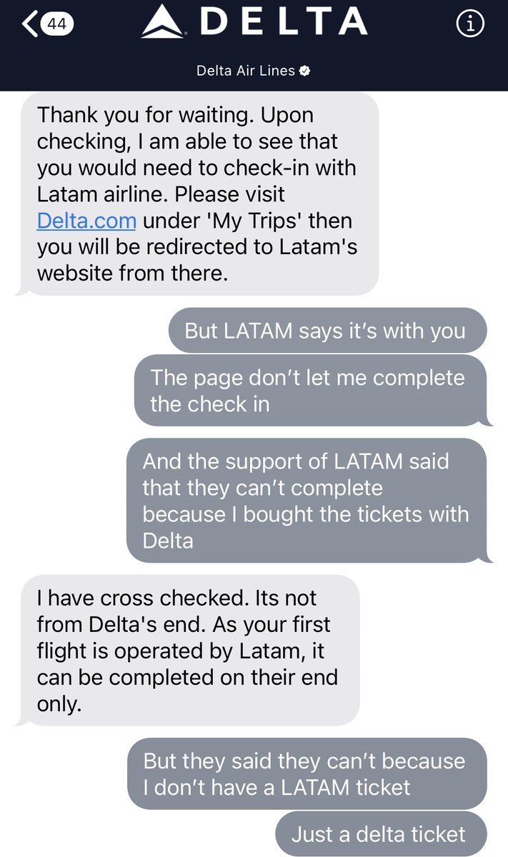 MileGarzon07's tweet photo. @Delta I’m chatting with Delta and you said that can’t help me because it’s a LATAM flight. https://t.co/B9rfYtjFvx