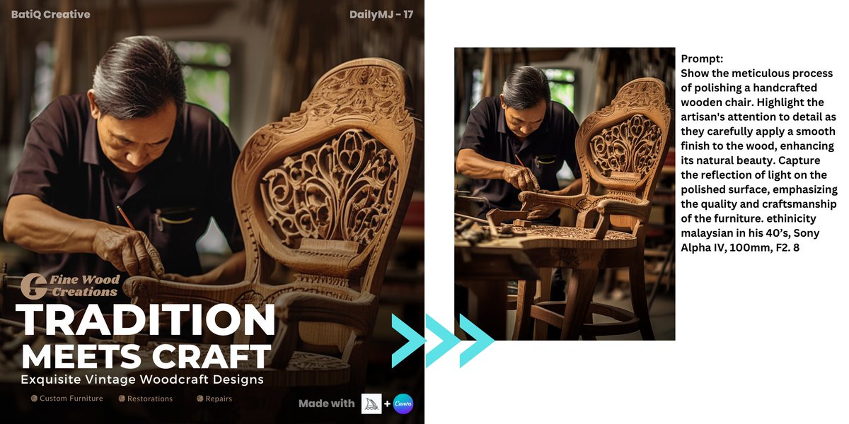 creative_batik's tweet photo. Post 17: Woodwork Craft.

Text copy dari ChatGPT seperti biasa. Aku patut tambah logo ChatGPT dalam 'Made with' section. 

#MidjourneyAI #AI #graphicdesigner #dailyMJ #canva #dailychallenge #ChatGPT https://t.co/om5TE7H2Fz