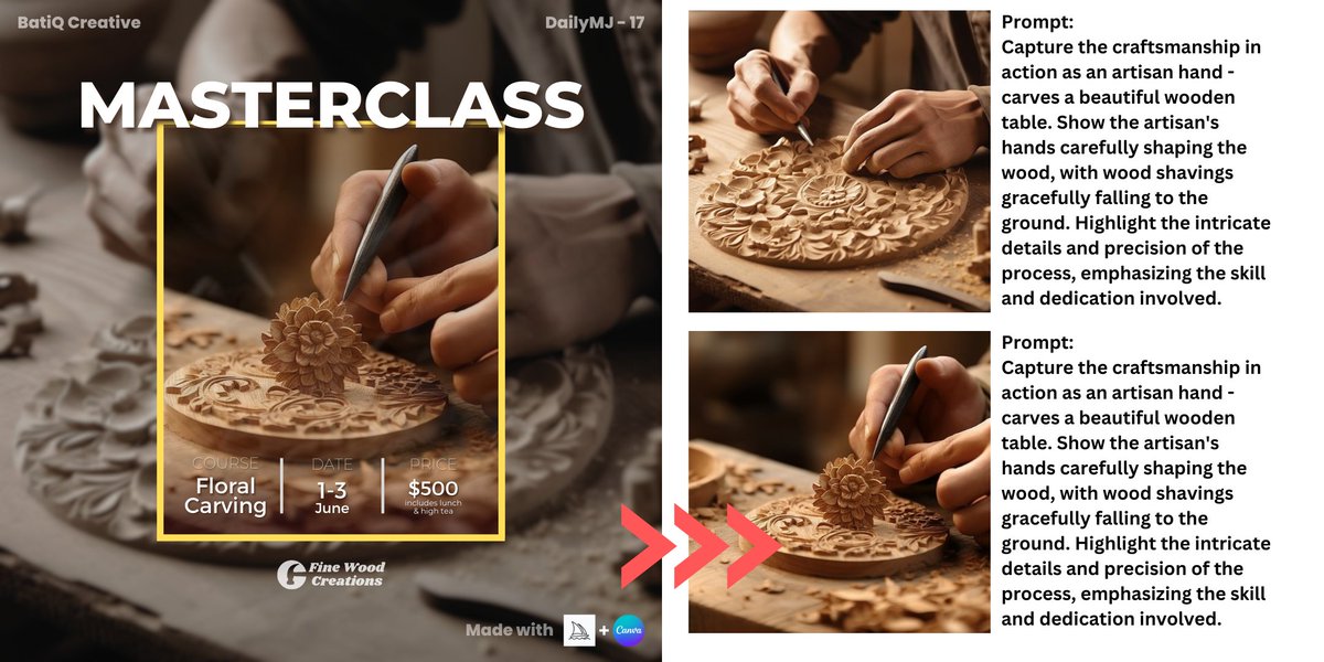 creative_batik's tweet photo. Post 17: Woodwork Craft.

Text copy dari ChatGPT seperti biasa. Aku patut tambah logo ChatGPT dalam 'Made with' section. 

#MidjourneyAI #AI #graphicdesigner #dailyMJ #canva #dailychallenge #ChatGPT https://t.co/om5TE7H2Fz