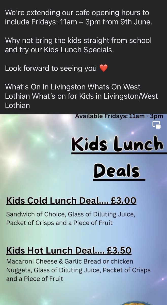 HandsoffHPC's tweet photo. @XciteLeisure Howden Park Centre cafe are now open Tues-Fri with Friday specials for children please RT https://t.co/3kqsEvlIXJ