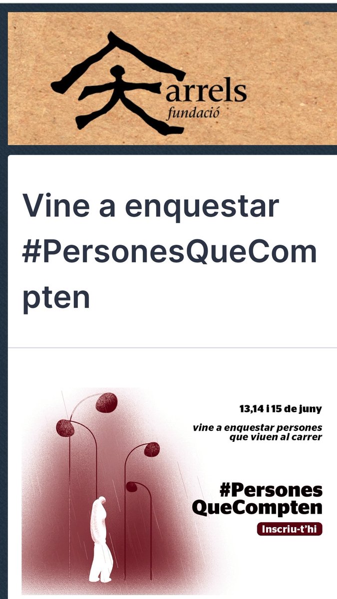 MariTriniHL's tweet photo. 🔊Comparteixo 👉oferta voluntariat d'@ArrelsFundacio per #enquestar un dels sectors més vulnerables d la societat: les persones que viuen al carrer; per conèixer #Realitats #Necessitats; per a ser #escoltats i poder oferir #solucions
#PersonesQueCompten
https://t.co/68ezKVYW3C https://t.co/qRjLFI9bBy