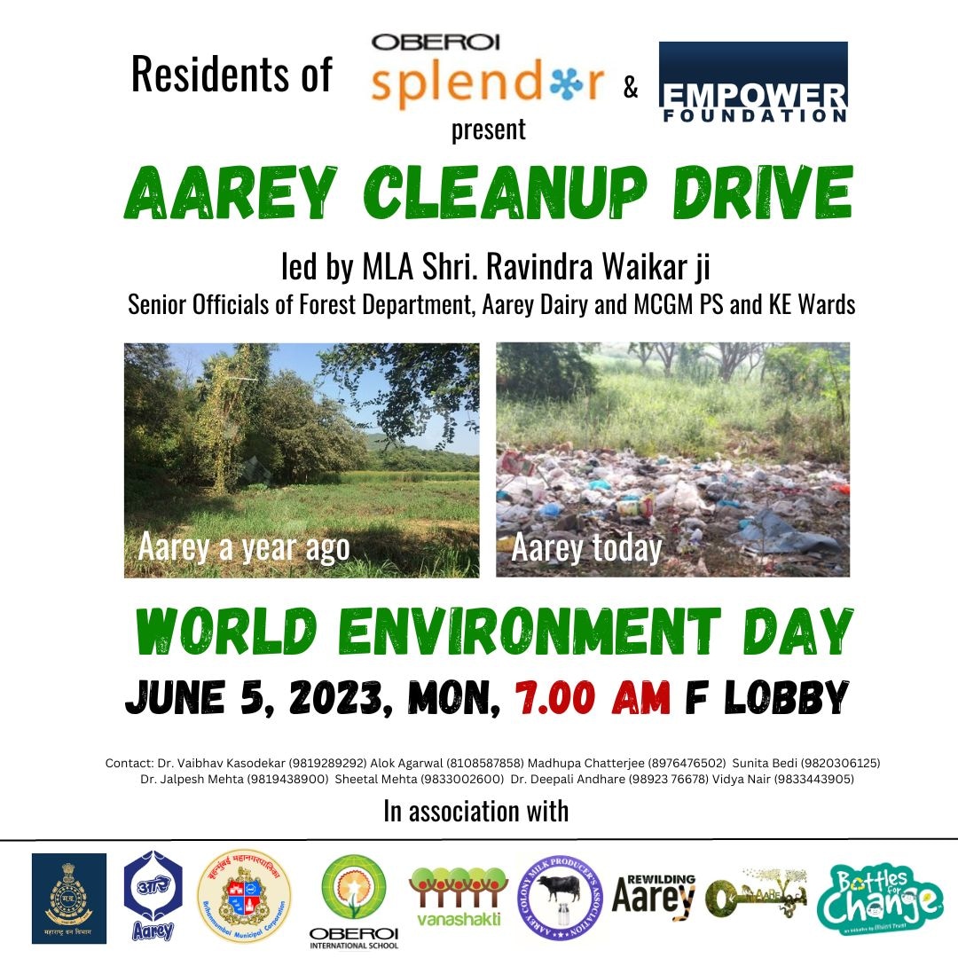 Mega Cleanup Drive at #AareyForest on #WorldEnvironmentDay,  June 5, 2023, Mon, 7 am onwards

This will be a unique drive with all stakeholders coming together to #SaveAarey 

<a href="/RavindraWaikar/">Ravindra Waikar</a> <a href="/mybmc/">माझी Mumbai, आपली BMC</a>
<a href="/MahaForest/">Maha Forest Official</a> <a href="/jalpeshmehta/">Dr. Jalpesh Mehta</a> 
<a href="/TandonRaveena/">Raveena Tandon</a> <a href="/deespeak/">Dia Mirza</a>
<a href="/AUThackeray/">Aaditya Thackeray</a> <a href="/priyankac19/">Priyanka Chaturvedi🇮🇳</a>