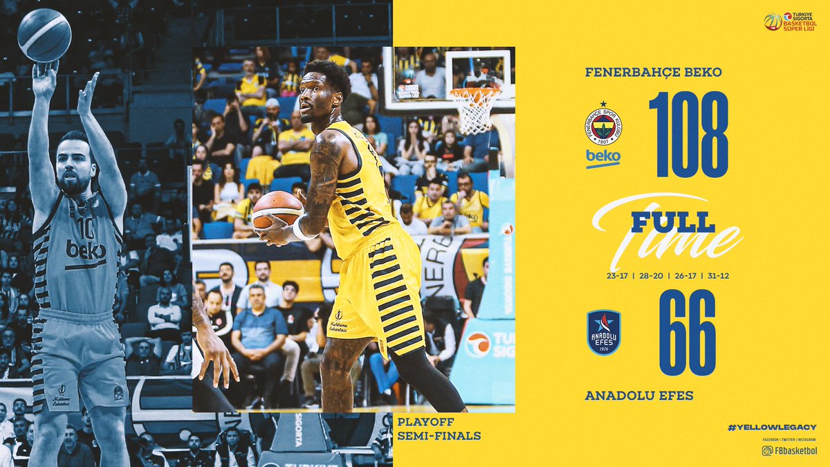 Türkiye Sigorta Basketbol Süper Ligi Play-off yarı final serisinde 1-0 öne geçiyoruz! 💪 Tebrikler Fenerbahçe Beko! 👏 Maç Sonucu | Fenerbahçe Beko 🆚 Anadolu Efes: 108-66 Skor dağılımımız: Motley 18, Hayes-Davis 15, İsmet 13, Wilbekin 11, Biberovic 11, Pierre 10, Samet 10,…