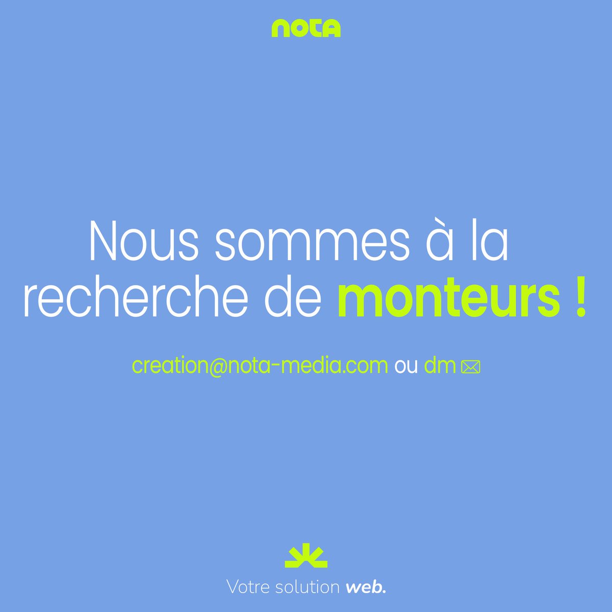 NotaMedia_'s tweet photo. ✳️🖥️ NOTA CHERCHE SES FUTURS MONTEURS !

Nous sommes à la recherche de monteurs, plus précisément des monteurs contenu pour du contenu court, contactez-nous par mail ou par message privé avec votre portfolio ! ✉️

#CreateWithNOTA https://t.co/IL4t6ujmnF