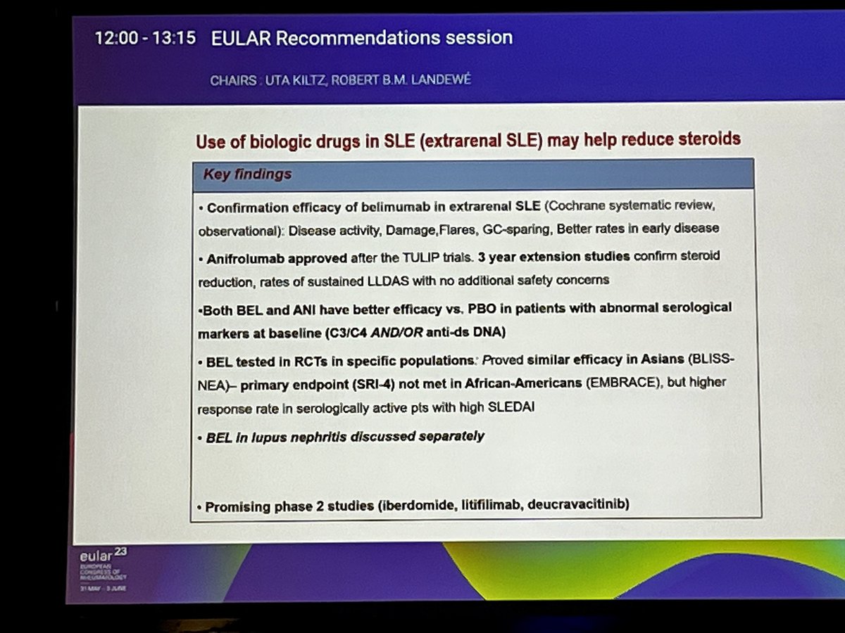 2023 SLE Recommendations

🔹Lower GC dose (5 mg instead of 7.5)
🔹 Early use of biologics for corticosparing
🔹 Cyclophosphamide if life-threatening
🔹 MMF: new in hemato manif
🔹Lupus nephritis: VCL vs BEL???
🔹Maintain trt for 3 years then taper, except HCQ

#EULAR2023 
NZ