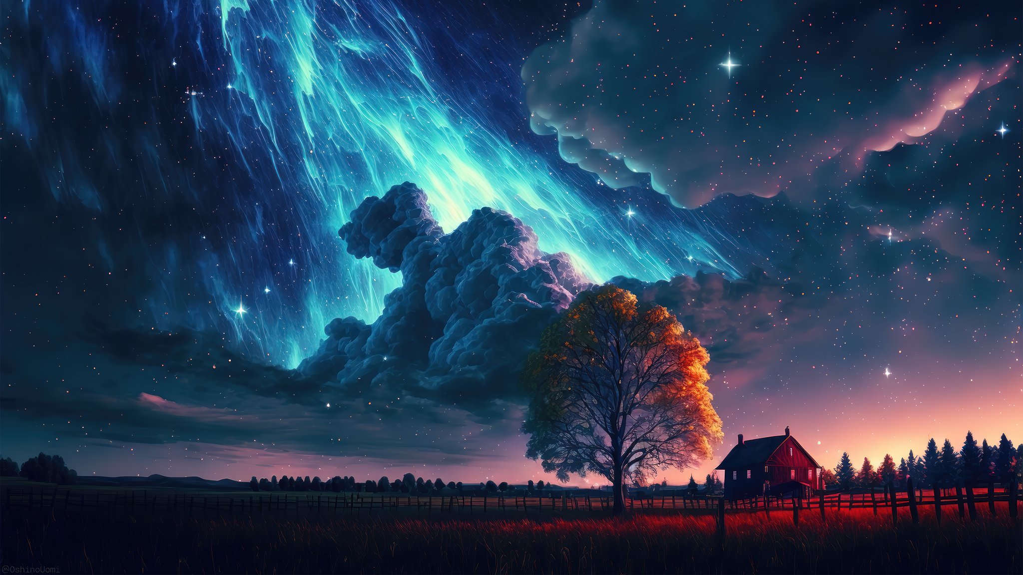 Wallpaper on X: 4k #wallpaper for your #Pc #Nature #Tree #House #Sky  #Cloud #Stars  / X