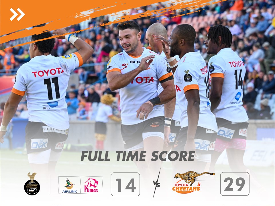 FULL TIME: 🏉
🏆 Currie Cup

Airlink Pumas 14-29 Toyota Cheetahs

#CurrieCup
#PUMvCHE
@ToyotaSA