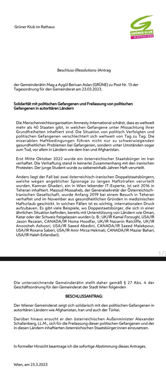 Endlich!  Ich freue mich sehr über die Freilassung von #KamranGhaderi 
<a href="/harika_ghaderi/">Harika Ghaderi #FreeKamranGhaderi</a> &amp; #MassudMossaheb
<a href="/FreeMassud/">Free Massud</a> !
Ich habe erst im März einem Antrag gestellt (der mehrheitlich angenommen wurde!), damit sie freigelassen &amp; nach #Wien gebracht werden!