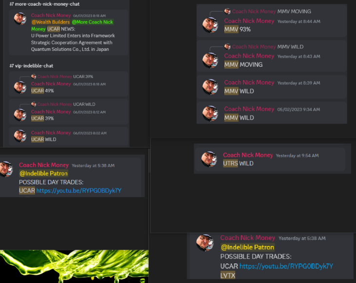 CoachNickMoney's tweet photo. Here are some of our #Discord picks from June 1 &amp; 2:
$UCAR 400% up in 2 days,
$MMV 260%
$UTRS 141%
$LVTX 100% 
Here's how to join our #Discord: https://t.co/NeL06OoN45 https://t.co/1pxyyZTcZu