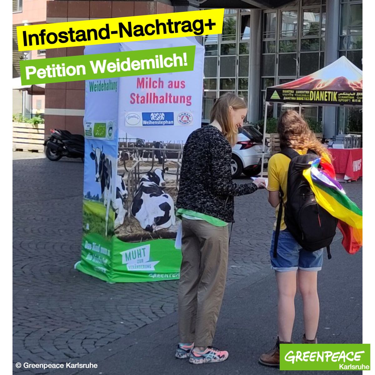 greenpeace_ka's tweet photo. Infostand: Am Samstag haben wir Unterschriften für #Weidemilch gesammelt. Fordere auch du von Landwirtschaftsminister @cem_oezdemir rechtliche Vorgaben für alle Rinder: mehr Platz im Stall, keine Anbindehaltung, mehr Gras + weniger Kraftfutter Petition: https://t.co/34YCd9p6SM https://t.co/G42tUCwVYK