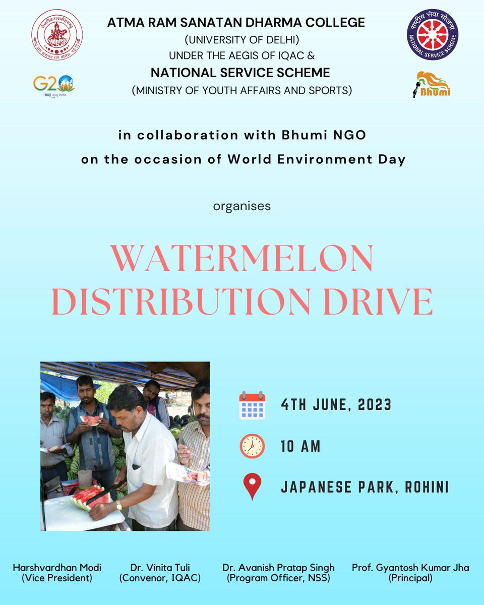 ArsdNss's tweet photo. With its unfathomable spirit and zeal to serve others NSS ARSD in collaboration with Bhumi NGO is organising a Watermelon Distribution Drive to keep the daily passers hydrated in this scorching summer of Delhi.

Date - 04-06-2023
Time - 10 AM.
Venue - Japanese Park, Rohini. https://t.co/xcwxshD3JX