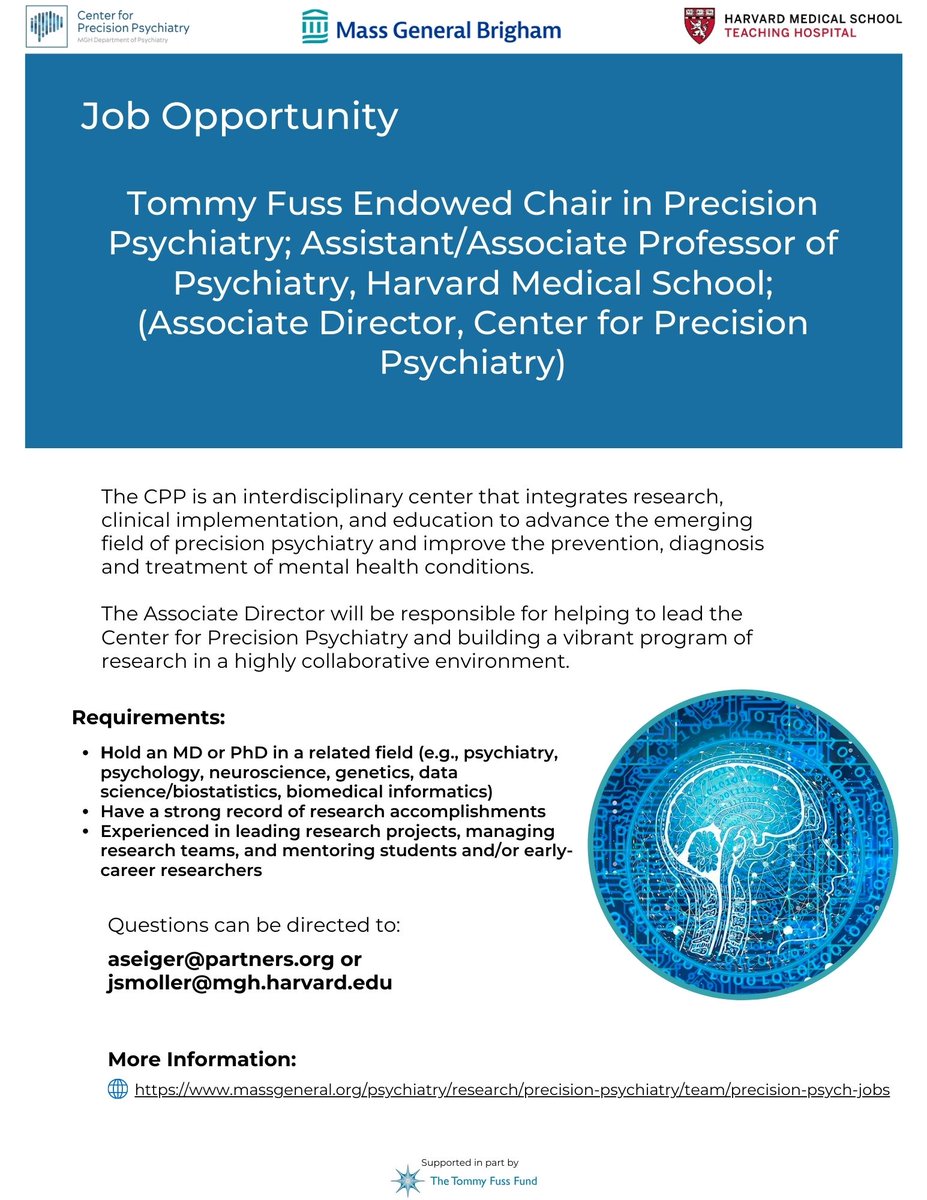 Jordan Smoller (@jorsmo) on Twitter photo ICYMI: We're welcoming applications for Assist/Assoc Prof faculty position <a href="/harvardmed/">Harvard Medical School</a> & <a href="/MassGeneral/">Mass General</a>, Associate Director <a href="/MGHPrecisionPsy/">Center for Precision Psychiatry</a> & Tommy Fuss Endowed Chair in Precision Psychiatry!
cc: <a href="/ISPGnet/">ISPG</a> <a href="/AMIAinformatics/">AMIA</a> <a href="/PGCgenetics/">PGC Consortium</a> <a href="/CDC_Genomics/">CDC Genomics & Precision Health</a> <a href="/precisionforum/">Precision Medicine Forum</a> <a href="/APApsychiatric/">American Psychiatric Association</a> ICYMI: We're welcoming applications for Assist/Assoc Prof faculty position <a href="/harvardmed/">Harvard Medical School</a> & <a href="/MassGeneral/">Mass General</a>, Associate Director <a href="/MGHPrecisionPsy/">Center for Precision Psychiatry</a> & Tommy Fuss Endowed Chair in Precision Psychiatry!
cc: <a href="/ISPGnet/">ISPG</a> <a href="/AMIAinformatics/">AMIA</a> <a href="/PGCgenetics/">PGC Consortium</a> <a href="/CDC_Genomics/">CDC Genomics & Precision Health</a> <a href="/precisionforum/">Precision Medicine Forum</a> <a href="/APApsychiatric/">American Psychiatric Association</a>