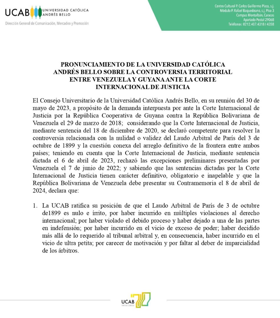 luischumaceiro's tweet photo. #Comunicado | Pronunciamiento de la Universidad Católica Andrés Bello #UCAB sobre la controversia territorial entre Venezuela y Guyana ante la Corte Internacional de Justicia.

📎https://t.co/CHrKUJMvOw https://t.co/mkg02PUPnR