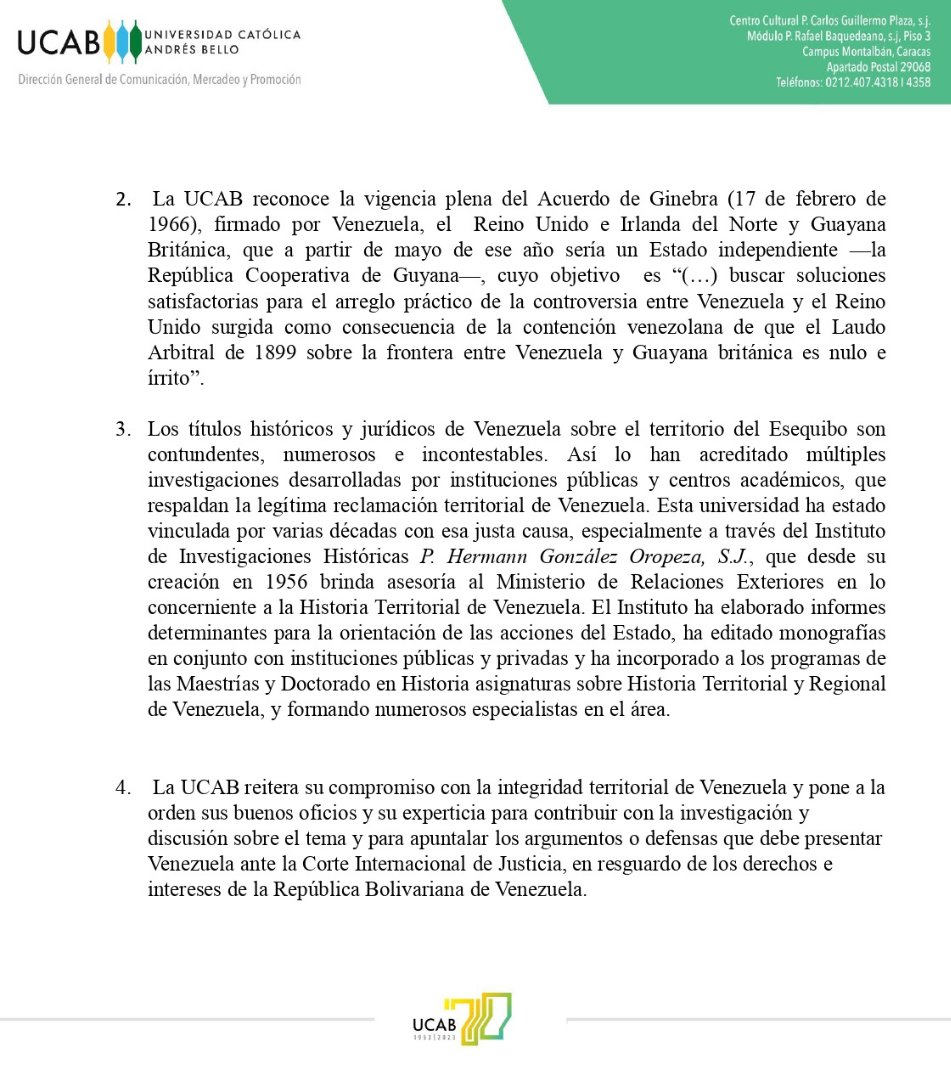 luischumaceiro's tweet photo. #Comunicado | Pronunciamiento de la Universidad Católica Andrés Bello #UCAB sobre la controversia territorial entre Venezuela y Guyana ante la Corte Internacional de Justicia.

📎https://t.co/CHrKUJMvOw https://t.co/mkg02PUPnR