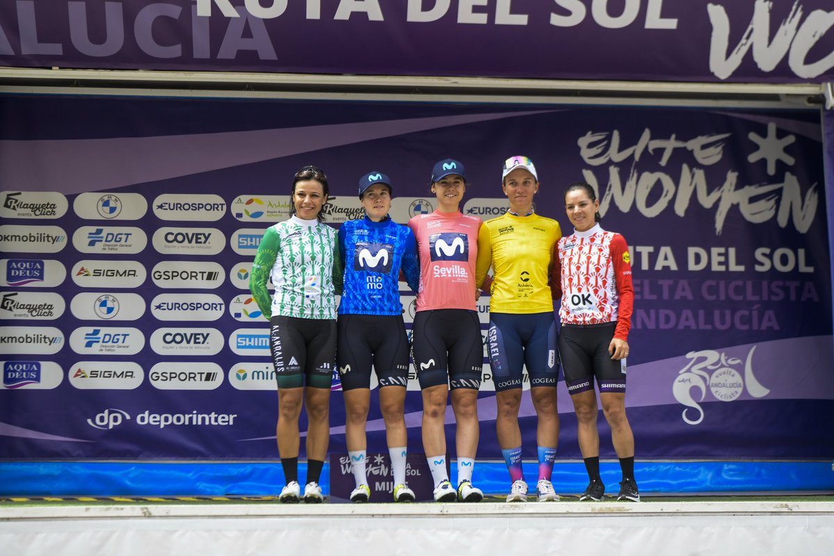 🏆 𝐏𝐎𝐃𝐈𝐎 ETAPA 4 #VCAWomen

🟡🟣 Líder Tamara Dronova (IPT)
🔴 Montaña Jessenia Meneses (CPD)
🔵 Metas Volantes Alicia González (MOV)
🟢 Andaluza Esther Maqueda (PRO)
🟤 Española Sara Martín (MOV) 

#UCIEuropeTour #AIOCC