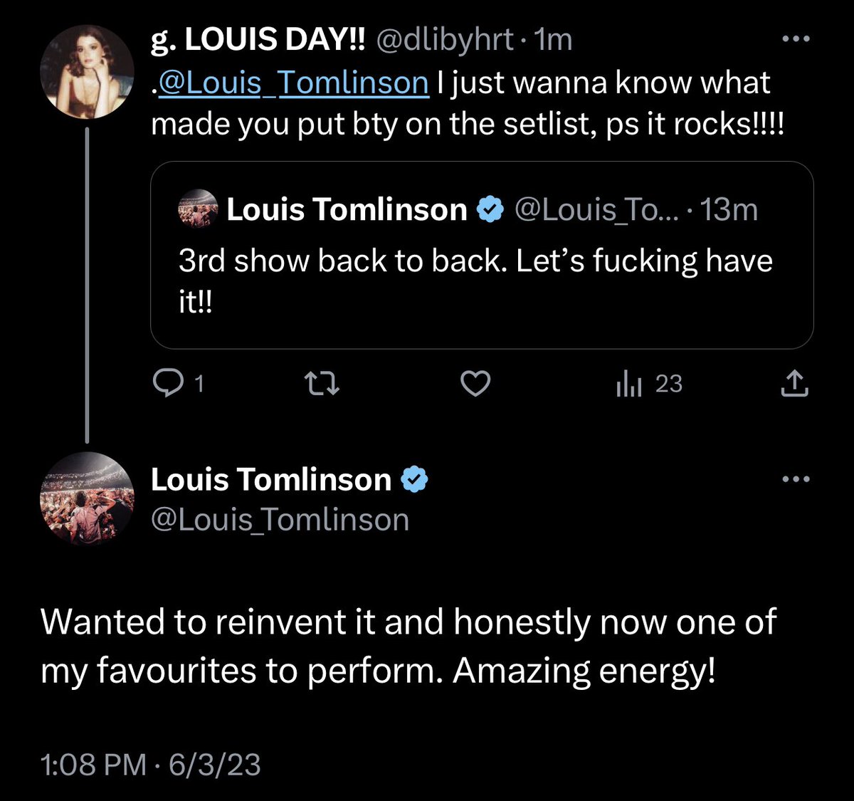 📲| Louis replied to a fan answering why he added Back To You to the setlist!