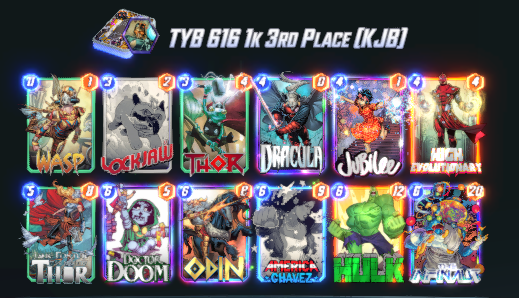 3rd Place in the TYB 616 Playoffs (+$150) w/ High Evolutionary Lockjaw. Playoffs allowed side decking so my main cut was Dracula for either Shang-Chi or Armor. Overall, HE Lockjaw is a very refined deck. Thanks to everyone who helped! Thanks to <a href="/AzuriteProd/">Azurite Productions</a> for the great event!