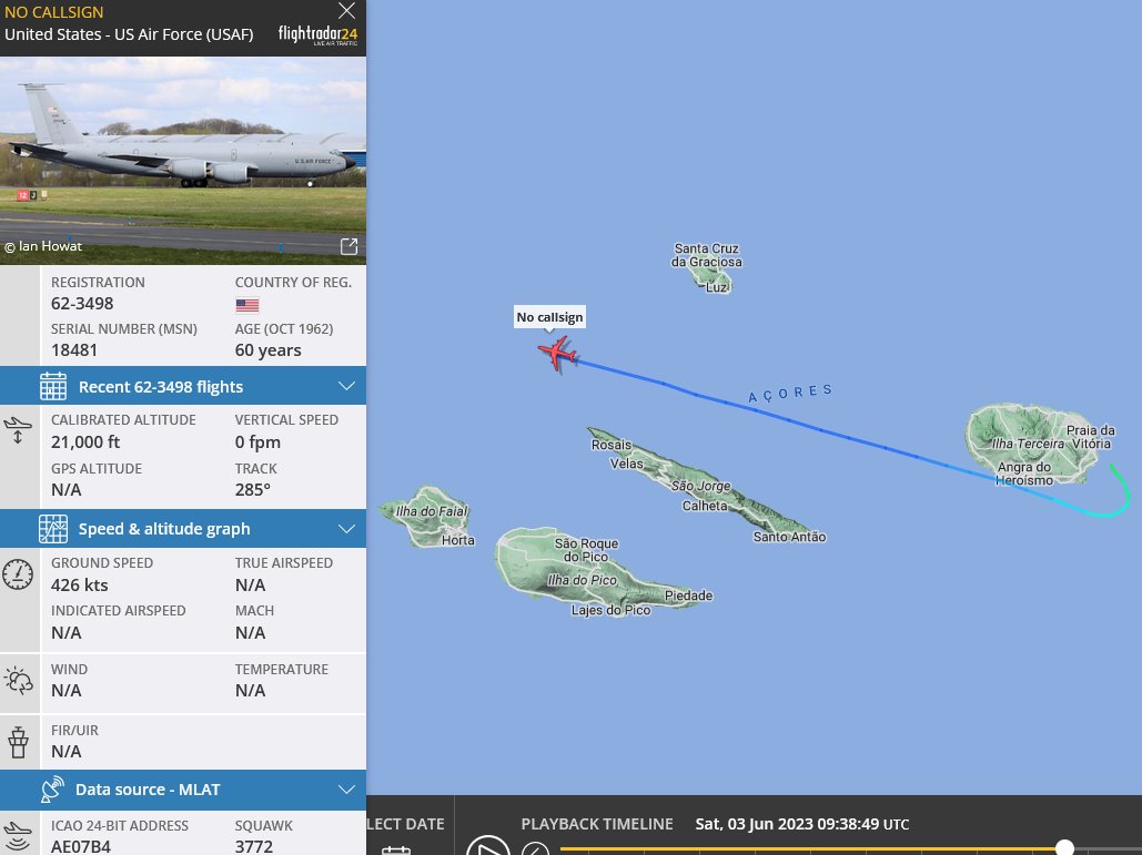SirListenalot's tweet photo. A busy day! I almost forgot some "KC" #A10's out of Lajes: #TREND11 departed 0905z, followed by #KC135 #AE07B4 as #ROMA63. They should be all safe in Pease by this time. https://t.co/aXKrYaKzBE
