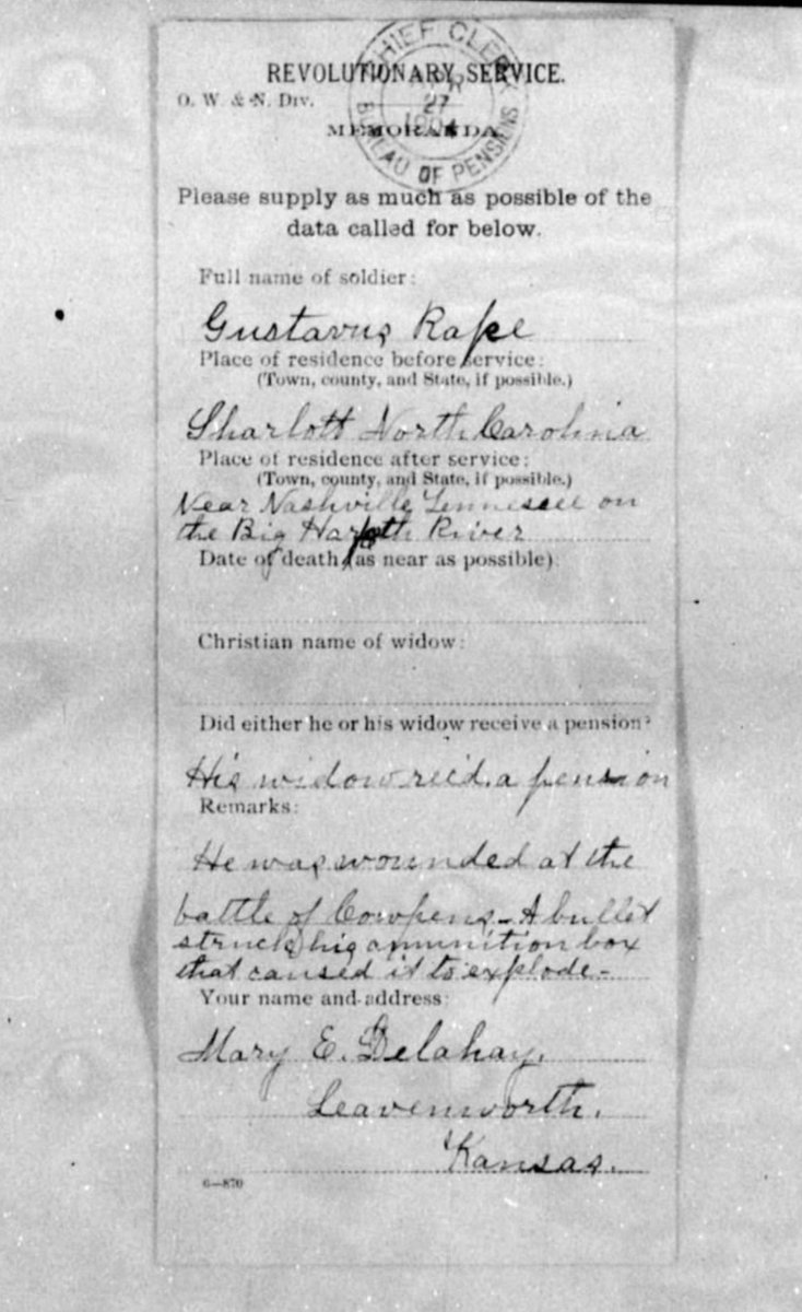 Here is one of the documents belonging to my Patriot Ancestor, Gustavus Rape. Being a Revolutionary War pensioner is a solid qualification for Membership in either the SAR or DAR. Note his widow was a pensioner. His wound at the Battle of Cowpens is cited and described.