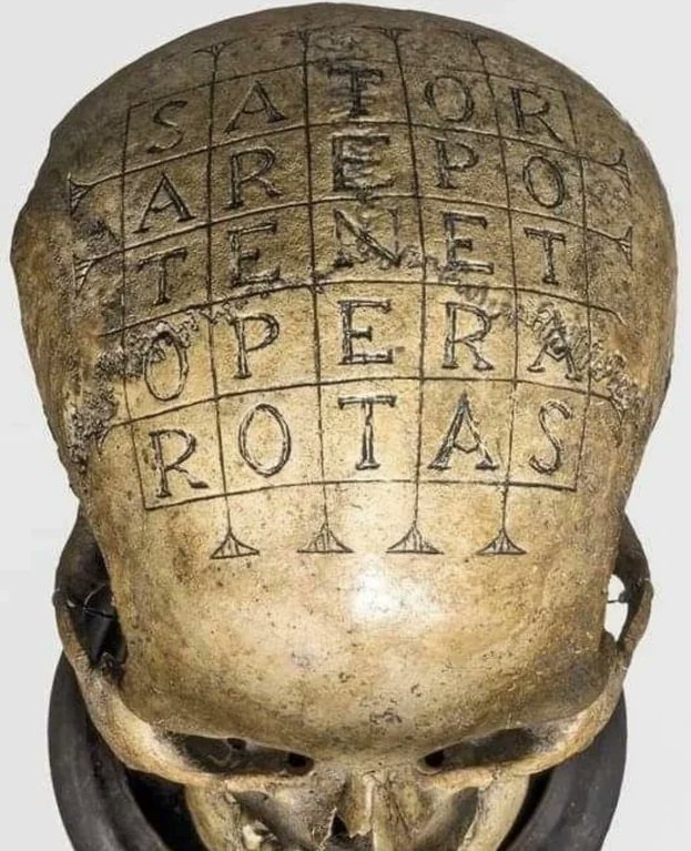 The  Oath Skull from Germany is believed to date back to the 16th or 17th  century. It is a human skull that features the Sator formula inscribed within a letter square. The significance and purpose of the Sator formula remain unclear, leading to various interpretations over the