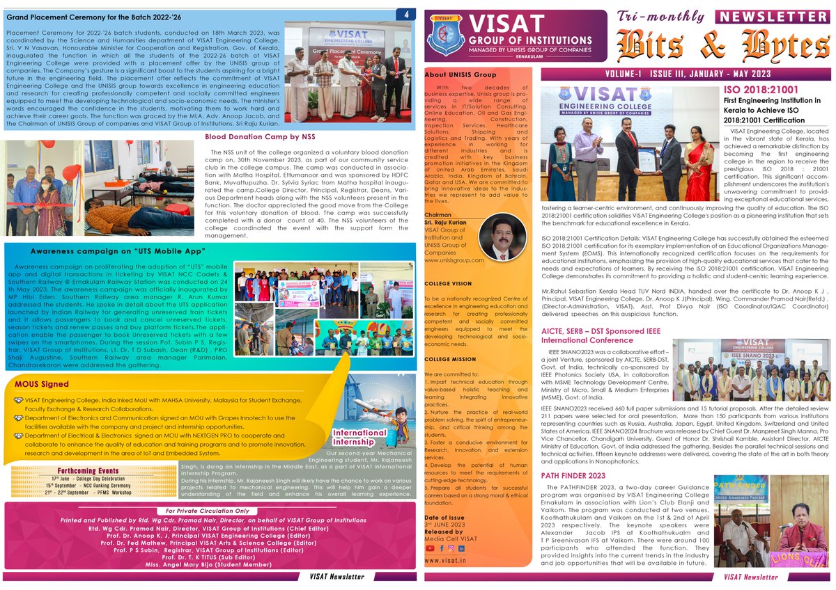 VISATCollege's tweet photo. The 3rd edition of "Bits and Bytes," our College Newsletter, was released by our esteemed College Chairman Shri. Raju Kurian. Get ready to dive into a world of inspiring achievements, and exciting updates from our college community. 📷📷

#bitsandbytes #VISAT  #visatnewsletter https://t.co/rAGfgRi9xH